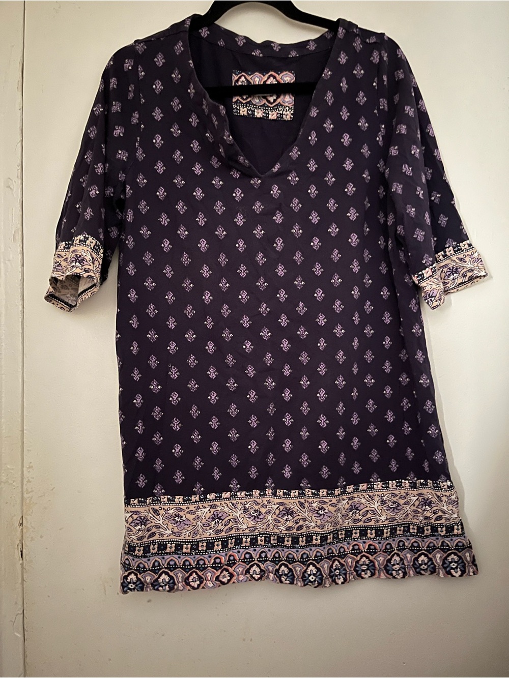 Lucky Brand batik floral elbow sleeve stretch cotton top L